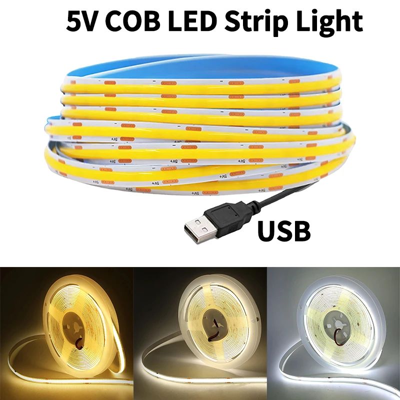 USB COB LED Strip Light 320 LEDs/m – High Density Flexible Lighting (3000K/4000K/6000K)