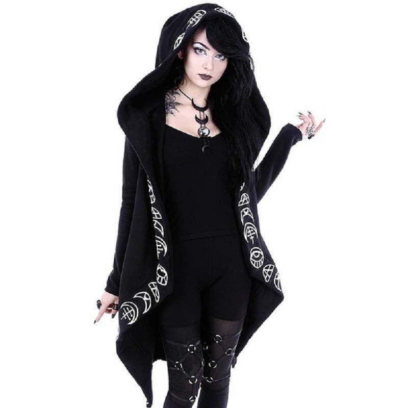 Long-Sleeved Fashion Trend Ladies Punk Cardigan Sweater, Moon Pattern Print, Long Style Perfect for Layering