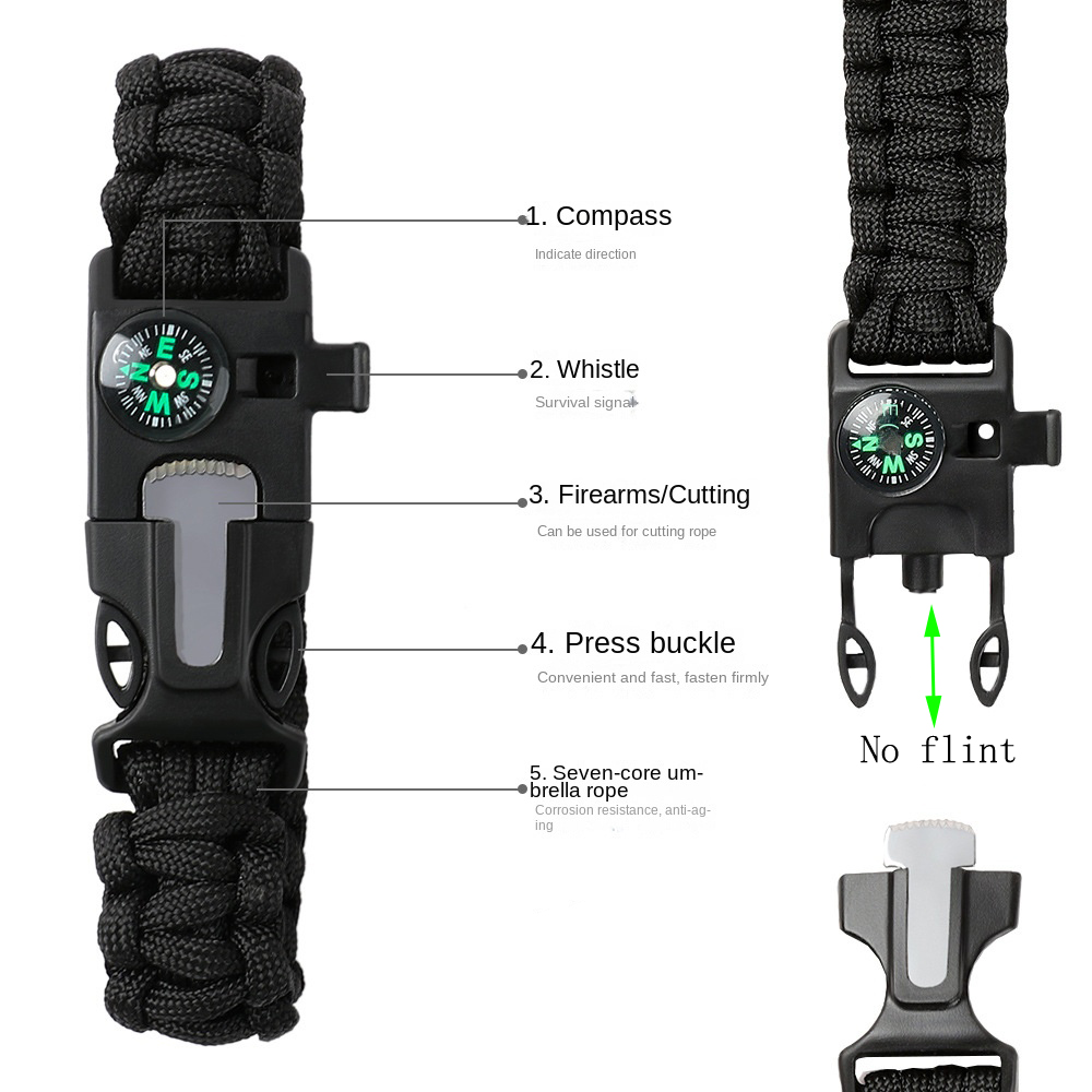 Outdoor Survival Bracelet Paracord SOS Compass Whistle Tactical Gear
