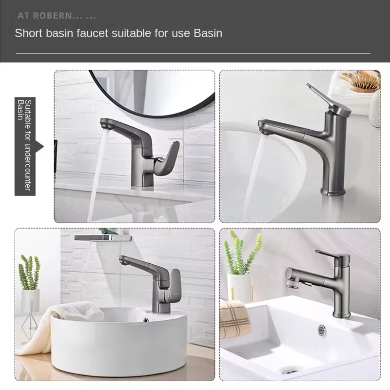 Multifunctional Pull Out Basin Faucet, Hot and Cold Water Faucet with Brass Valve Body, Single Handle Sink Faucet