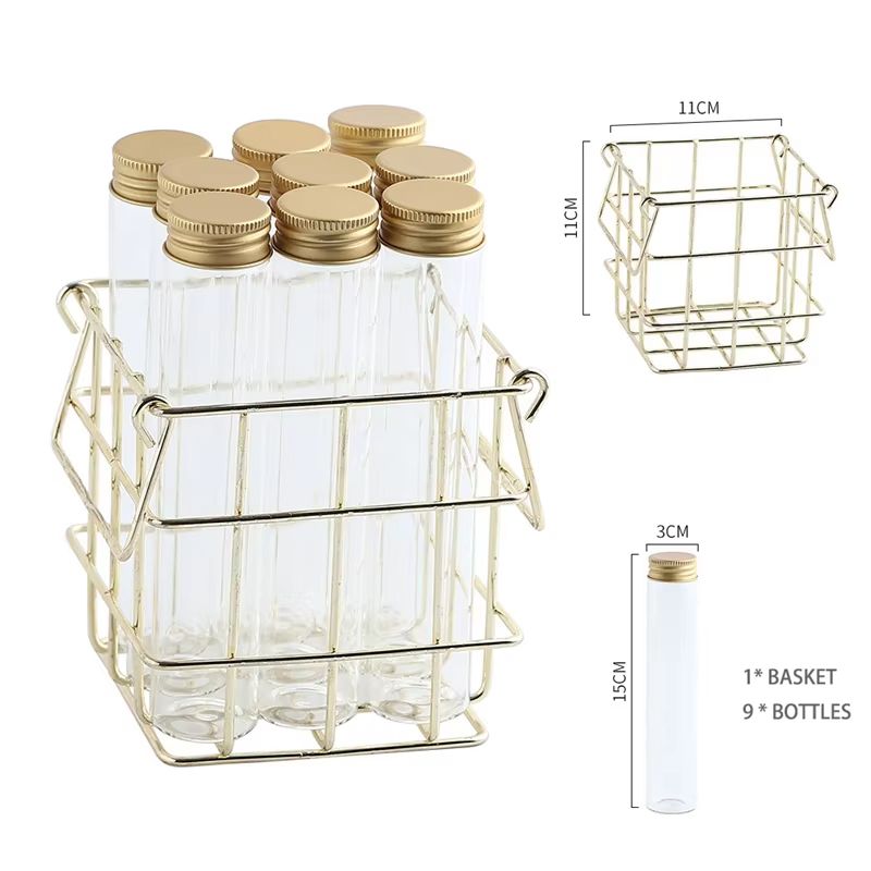 Glass Jar Storage Basket Set – 9-Piece Spice Organizer with Lids and Gold Metal Rack for Tea, Coffee, Candy & More