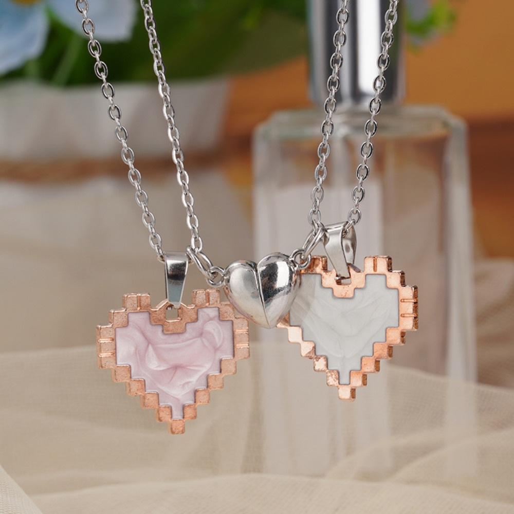 Pixel Heart Couple Necklace, Mosaic Magnetic Attraction Heart Pendant Necklace for Women Men Jewelry Accessories