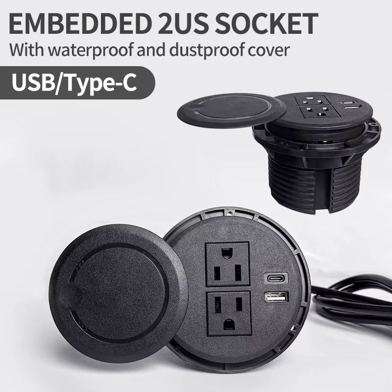 Recessed Desktop Power Socket – Round Multifunctional Plug with 2 Outlets, USB & Type-C Ports