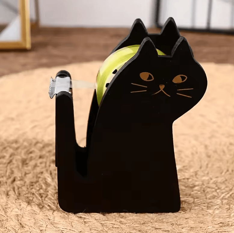 Cute Cat Shaped Tape Dispenser – Wooden & Transparent Plastic Tape Holder for Desk