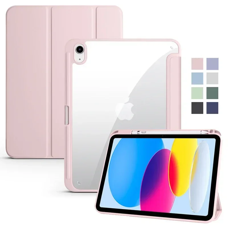 Trifold Clear Back Case with Pen Holder for iPad, Hard Acrylic Protective Stand Cover for Apple iPad