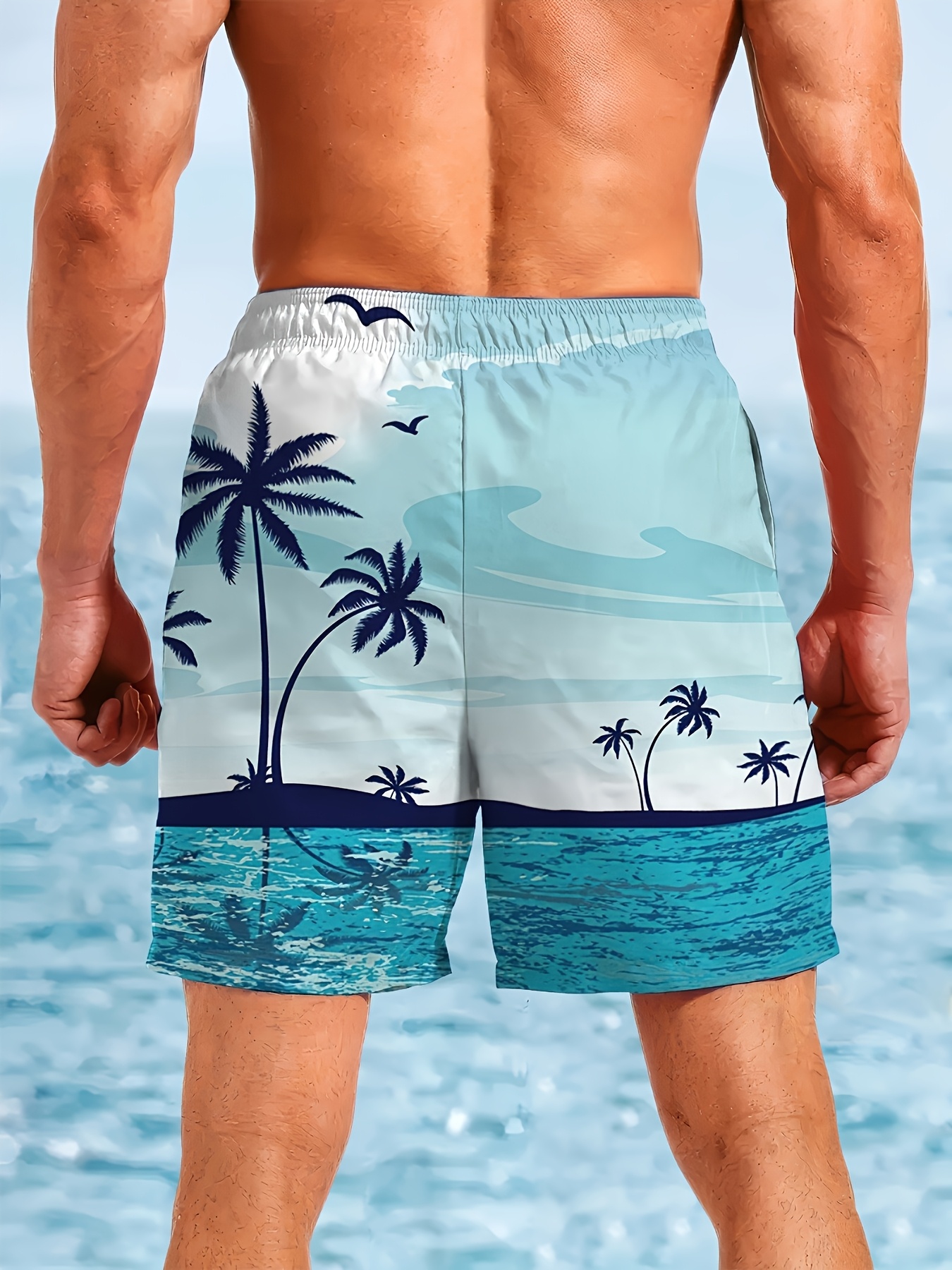 Mens Beach Surfing Shorts, 3D Printed Palm Tree Pattern, Waterproof and Quick Drying, Fashionable and Sexy Swimwear