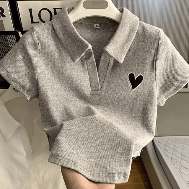 Embroidered Polo Collar Crop Top for Women Casual Korean Fashion