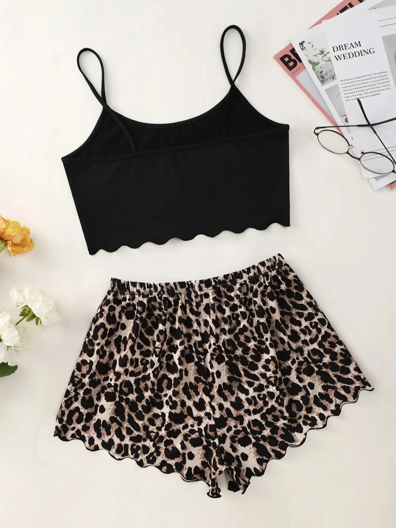 Sexy Women's Pajamas Set, Leopard Print Sling Sleepwear, V-Neck Sleeveless Top and Shorts Pyjamas Set for Homewear