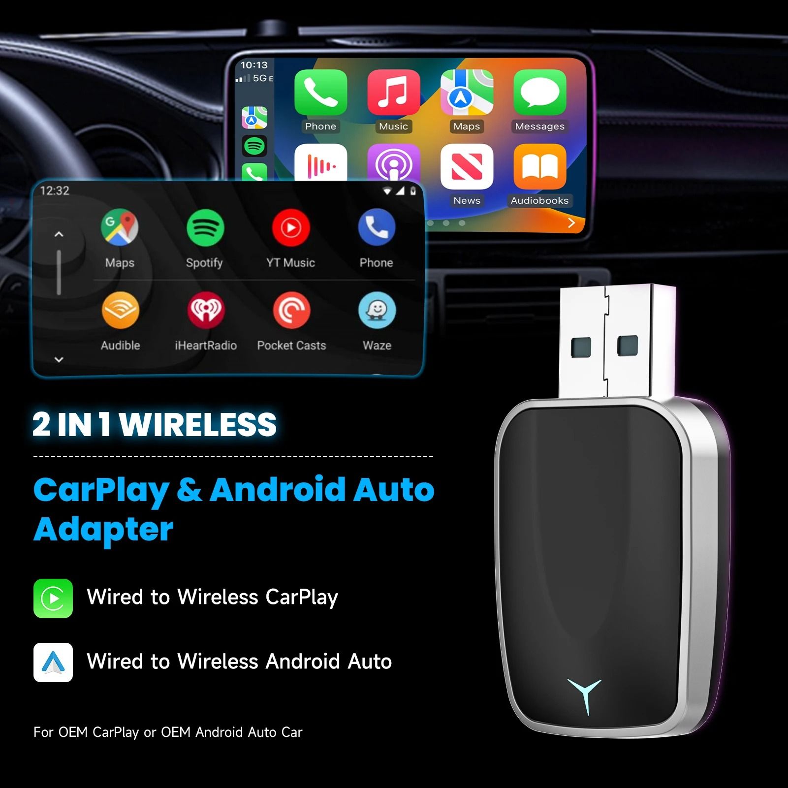 2 in 1 Wireless CarPlay Adapter and Android Auto Wireless Converter Plug and Play