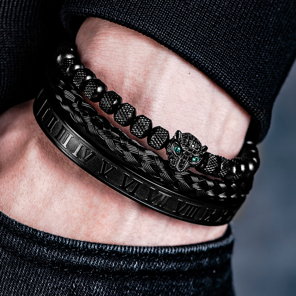 Handmade Braiding Bracelet Set, Hip Hop Men's CZ Leopard Head & Roman Numeral Stainless Steel Jewelry