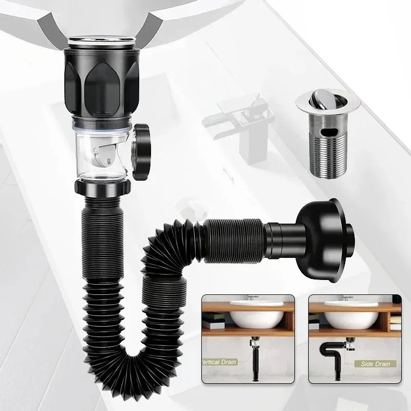 Stainless Steel Basin Drain Pipe Set Odor Proof Wall Mount Drainage for Kitchen & Bathroom Sinks with Strainer Basket