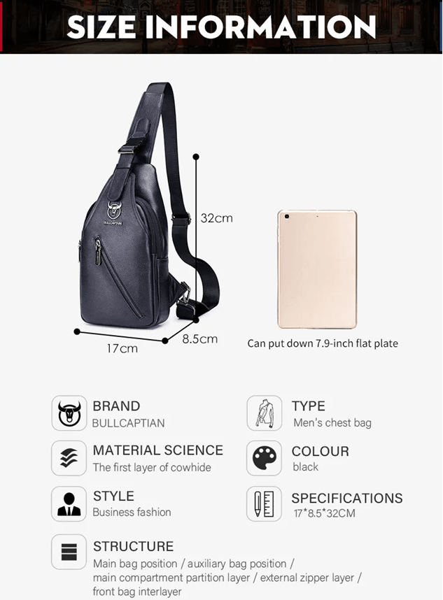 Bullcaptain Mens Leather Chest Bag Multi Function Travel Messenger Crossbody Bag