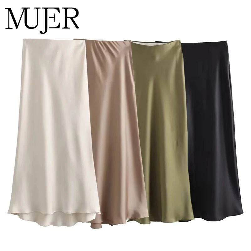 MUJER Woman 2025 High Waist Satin Midi Skirt – Elegant Black Summer Long Skirt for Office & Professional Wear