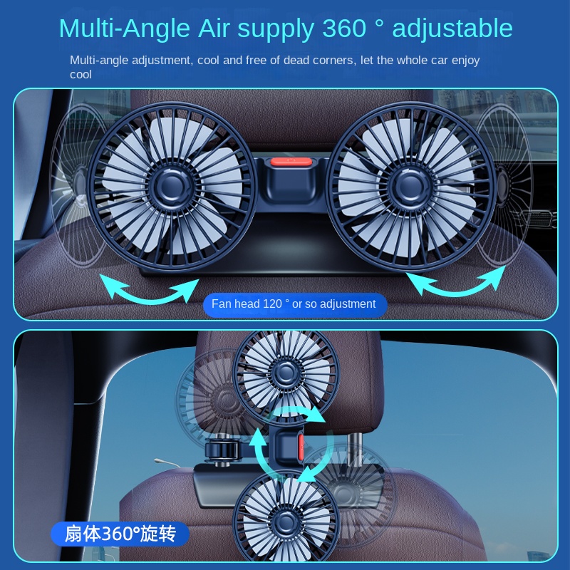 USB Charge Dual Head Car Fan, 3-speed Cooling Fan, Neck Cooler for Summer with 360 Degree Rotation