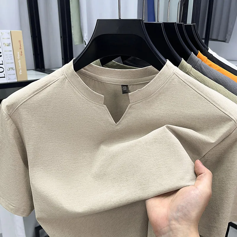 Comfortable Summer Versatile Top Men's Casual Small V-neck Solid Color Short Sleeved T-shirt