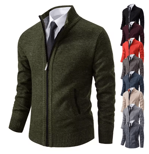 Mens Autumn Winter Casual Sports Cardigan Fleece Lined Stand Collar Zipper Sweater