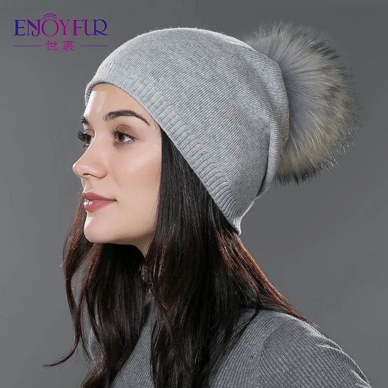 Wool Knit Beanie with Real Fur Pom Pom