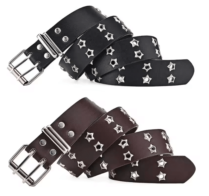 Star Rivet Goth Punk PU Leather Belt Double Pin Buckle Y2K Waistband