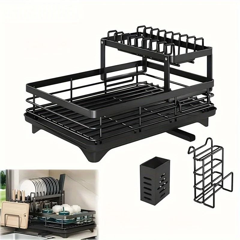 Double-Tier Extendable Dish Drainer – High-Capacity Utensil Rack & Kitchen Draining System