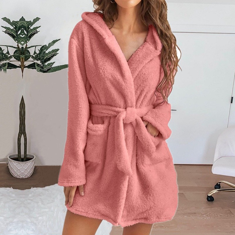 Fluffy Plush Pyjamas, Sexy Winter Women Bath Robe, Hooded Dressing Gown, Solid Color Warm Bathrobe Female Loungewear