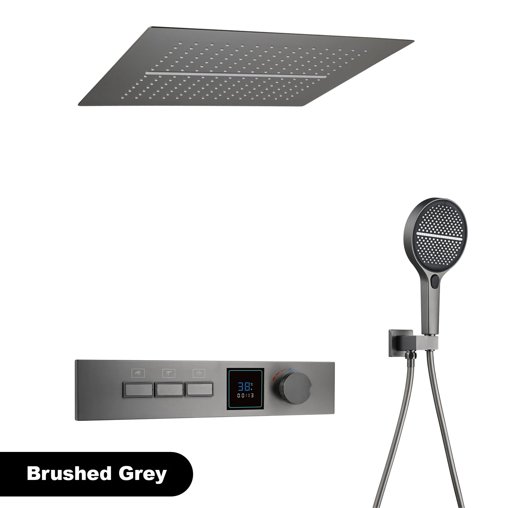 Gunmetal Brass Ceiling Shower System with LED Temperature Display, Dual-Mode Rainfall & Waterfall