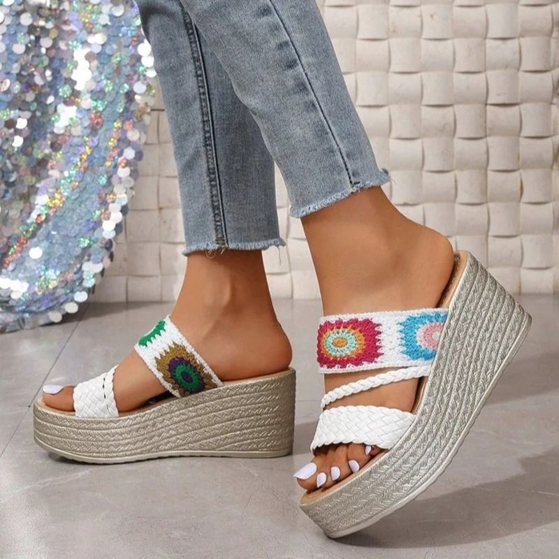 Women Ethnic Woven Wedge Slip on Sandals