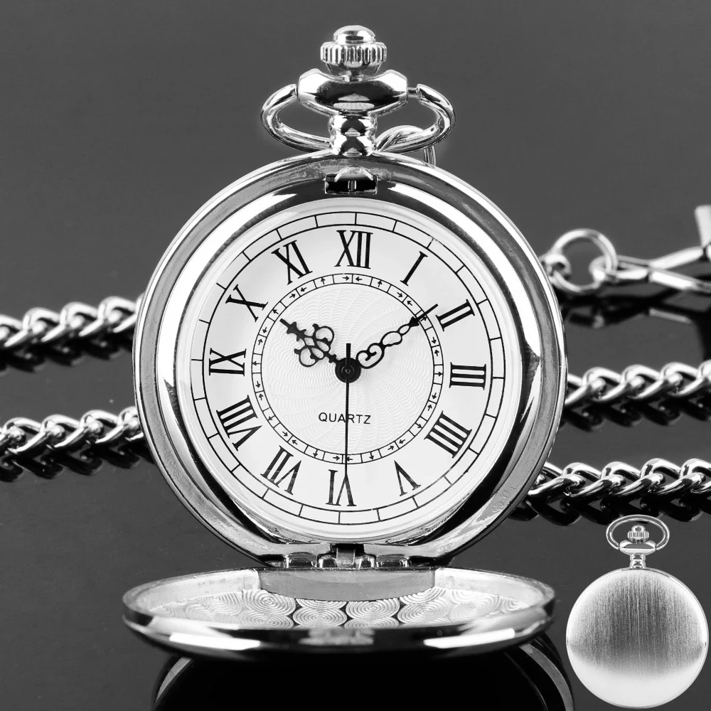 Modern Analog Pocket Watch with Luxury Smooth Silver Pendant, Roman Numerals, Unisex Chain Gift