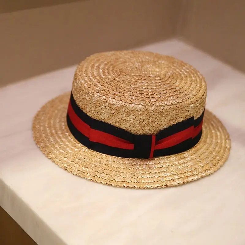 European and American Film Flat Top Hat, British Striped Natural Straw Hat Casual Short Brim Flat Eave Unisex Summer Cap