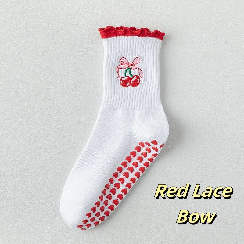 Womens Knitted Embroidered Non-Slip Yoga Socks EU 36–43 – Silicone Grip Pilates & Fitness Mid-Calf Socks