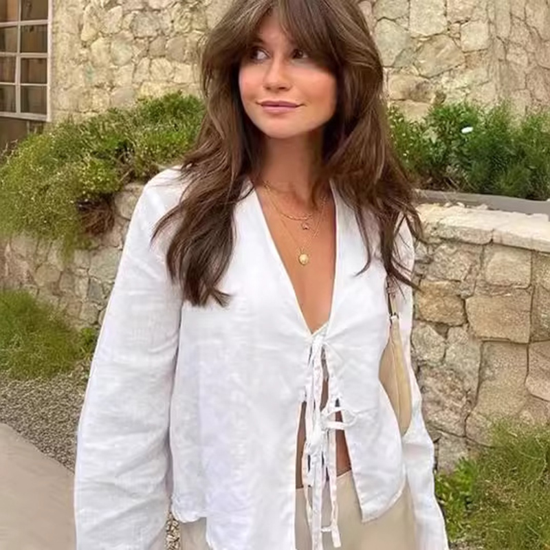 Elegant V-Neck Bow Shirt for Women with Long Flare Sleeves Stylish Spring & Summer High Street Top