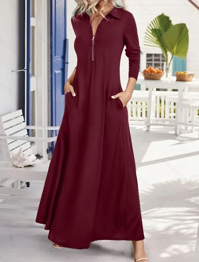 Womens Elegant Solid Long Sleeve Shirt Maxi Dress with Pockets