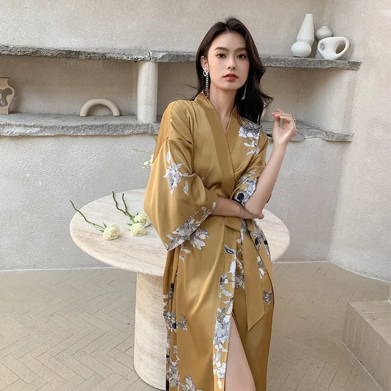 New Spring Summer Female Long Robe Set – Sexy Flower Print Kimono & Silk Satin Casual Lounge Wear