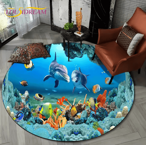 3D Ocean Dolphin Area Rug – Non-Slip Underwater Illusion Round Carpet