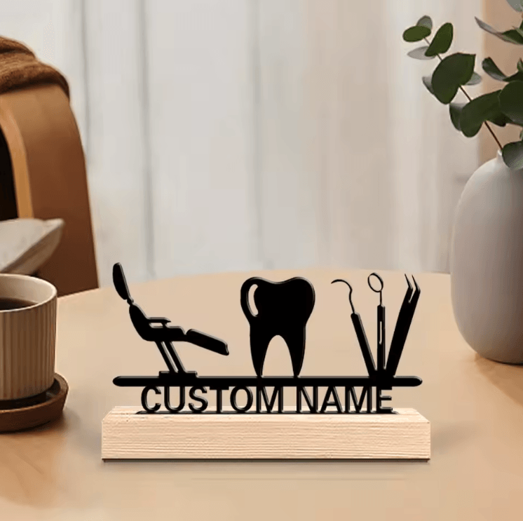 Personalized Dentist Metal Art Sculpture – Custom Desktop Decor with Wooden Base