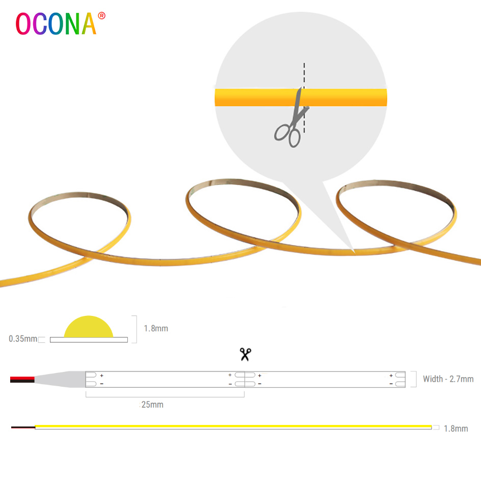 Ultra Thin Colorful COB LED Strip Light, High Density Flexible Tape for Car, Room Decor, DIY Lighting