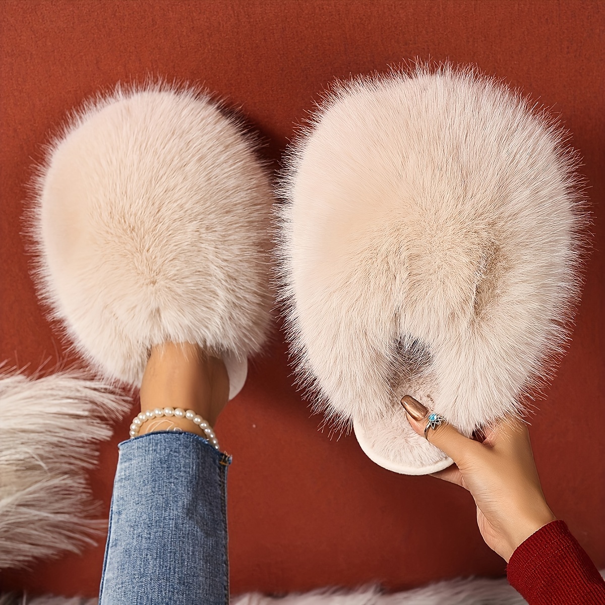 Korean Style Faux Fur Slippers for Women, Pure Color Warm House Shoes, Indoor Outdoor Flat Non Slip Comfort Footwear