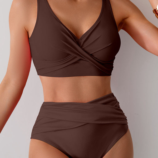 Cross Push Up Bikini Set, Solid Strapped Swimwear Women Brazilian High Waist Beach Bath Suit
