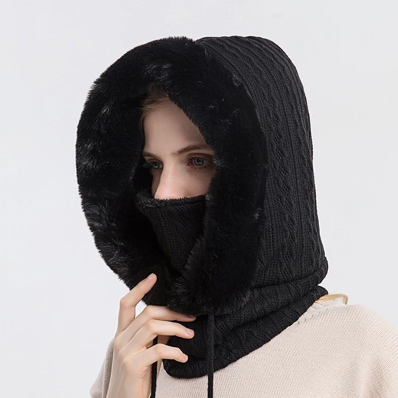 Women Winter Fur Cap Mask Set, Hooded Knitted Cashmere Balaclava Ski Hat with Thick Fluffy Beanies & Neck Warmer H