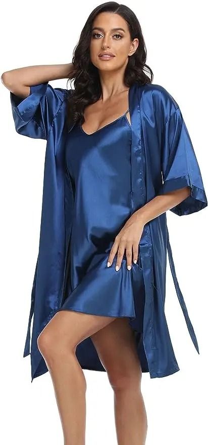 Silk Satin 2-Piece Pajama Set – Professional Sexy Silky Pj Robe with Chemise Nightgown