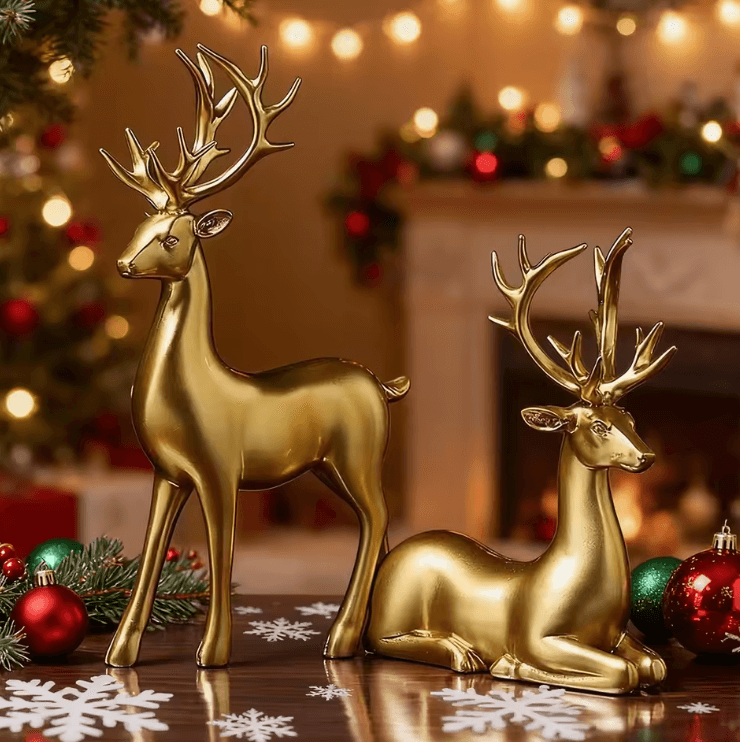 2-Piece Gold Reindeer Christmas Table Decor Elegant Elk Statue Set Holiday Home Accent