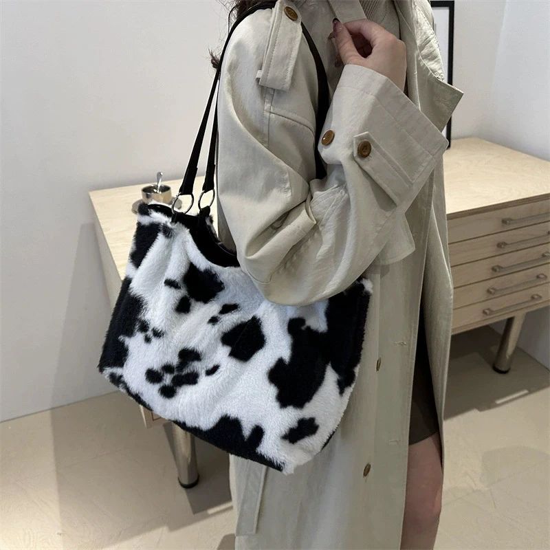 CozyMoo Plush Cow Print Large Capacity Tote Bag | Women's Winter Shoulder Shopper Handbag with Zipper