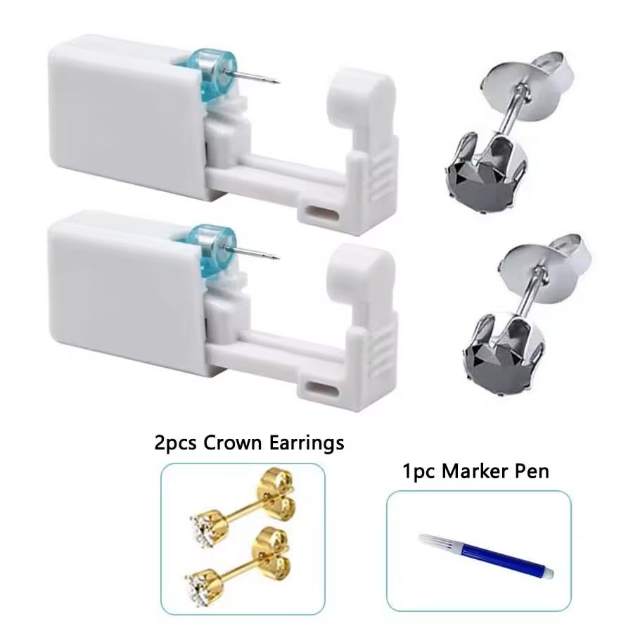 2PCS Disposable Ear Piercing Kit – Built-in Stud Guns + Bonus Cubic Zirconia Earrings | Safe & Easy Home Use Tool