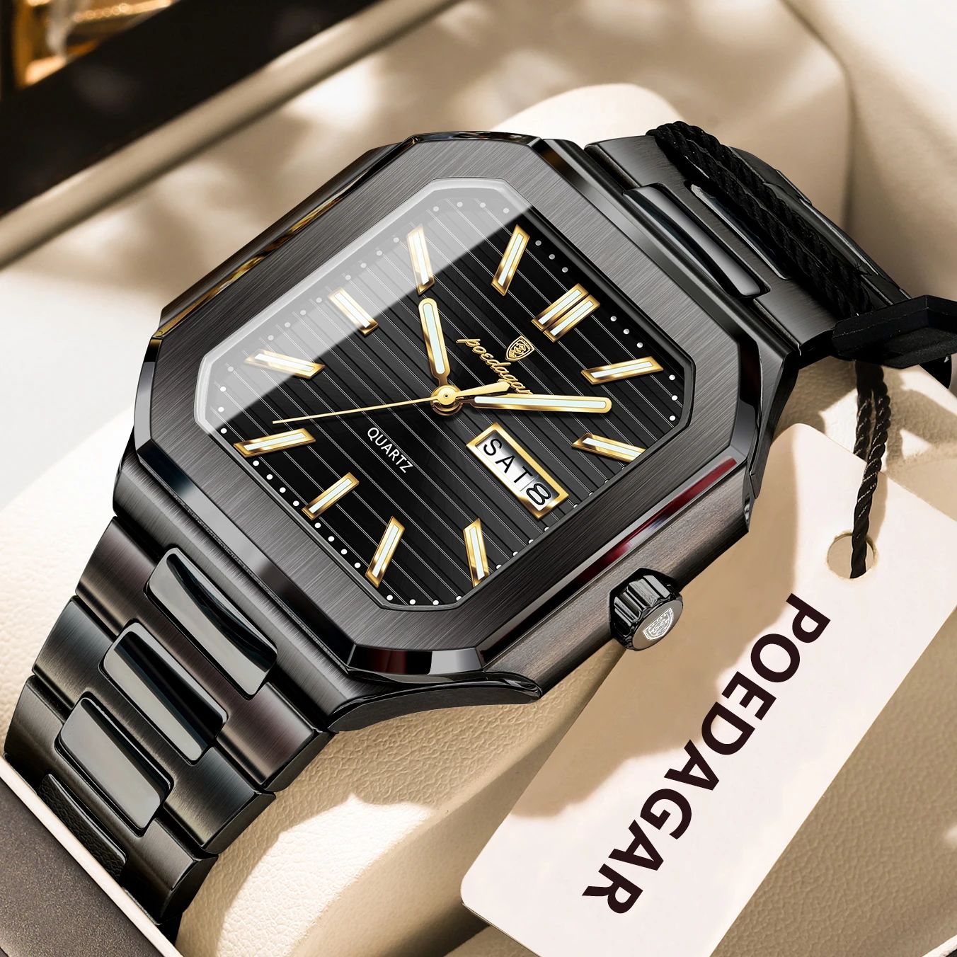 POEDAGAR Luxury Square Waterproof Men's Quartz Watch with Luminous Date & Week