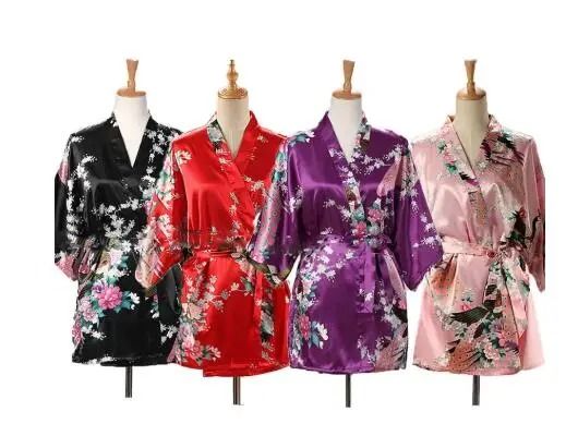 Peacock Print Japanese Kimono Yukata – Professional Silk Satin Short Nightgown & Bath Robe Costume