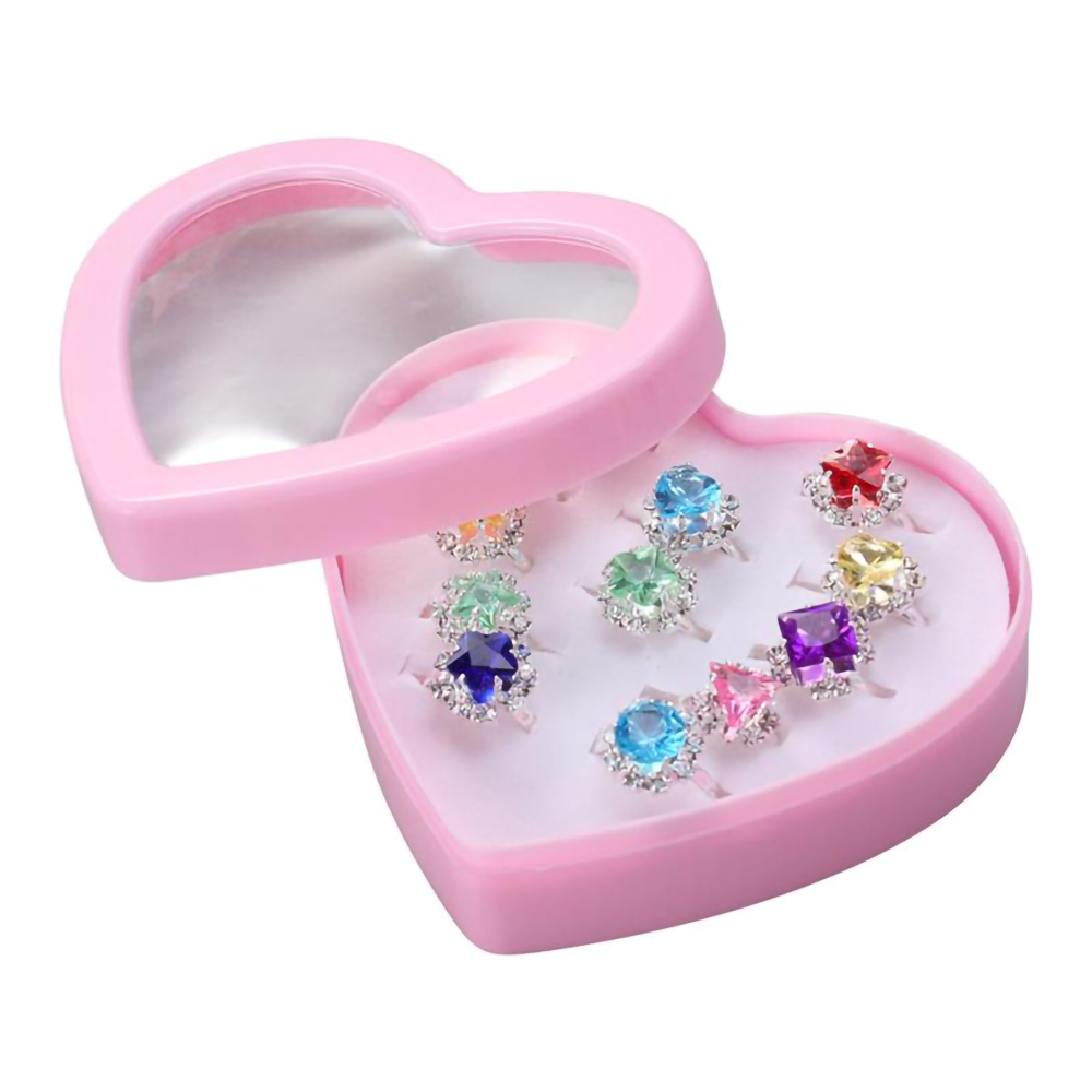 Beautiful Colorful Diamante Children Ring, Plastic Diamond Jewelry Set with Heart-Shaped Box for Girls