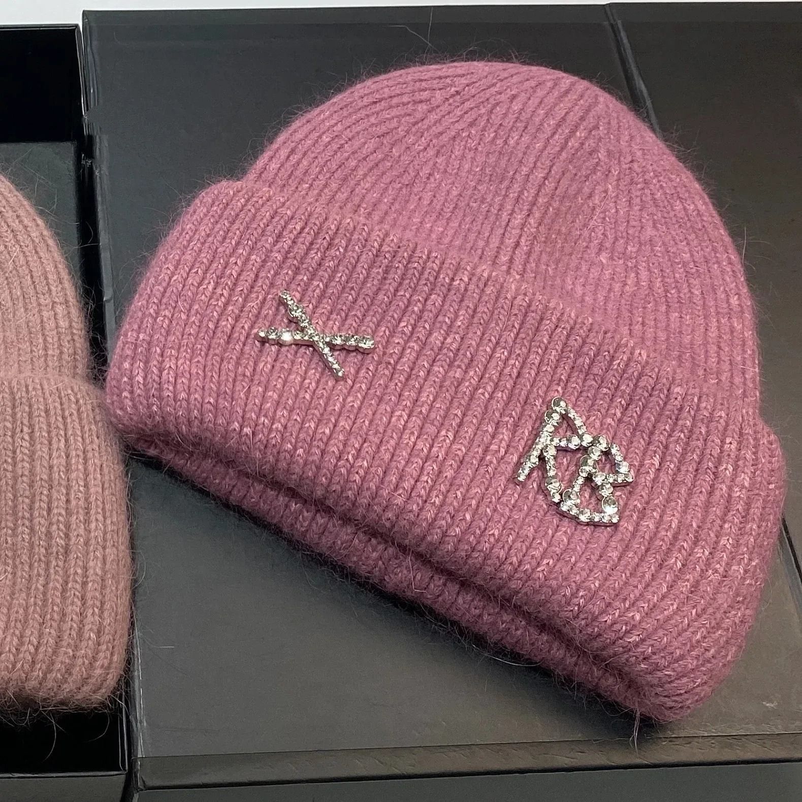 Diamond-Embellished Rabbit Fur Blend Thermal Beanie