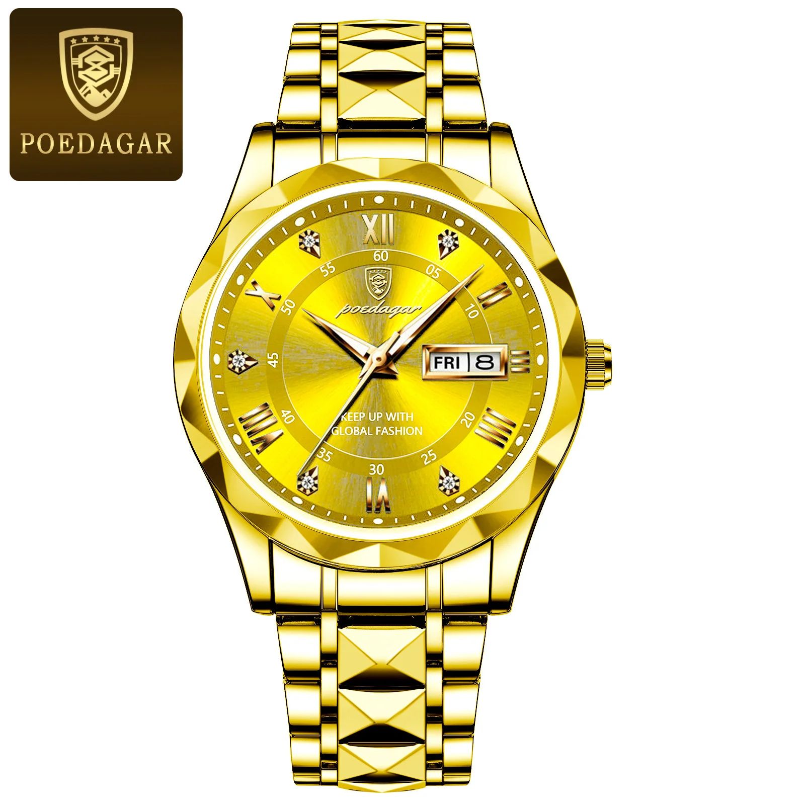 POEDAGAR 615 Luxury Waterproof Stainless Steel Men's Quartz Watch with Luminous Date & Week Display