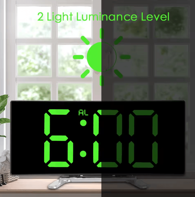 7-Inch Curved LED Mirror Alarm Clock – Dimmable Digital Table Clock with Large Display