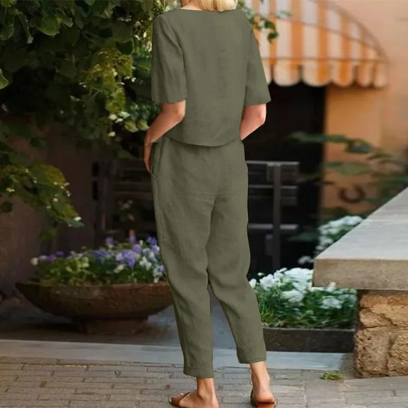 Womens Cotton Linen Matching Suit Lightweight Wide Leg Pants and Tie Waist Top