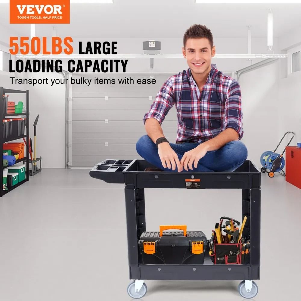 Heavy Duty Utility Service Cart, 2 Shelf Design, Plastic Rolling Utility Cart with Swivel Wheels and Ergonomic Handle